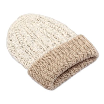 Alternate image for Reversible 100 Alpaca Cable Knit Hat in Ivory and Beige Warm and Snuggly