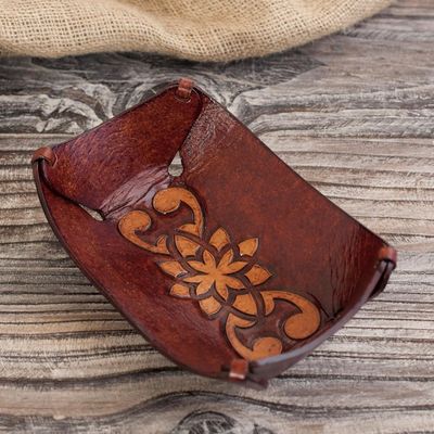Alternate image for Leather Catchall in Honey Brown Artisan Crafted in Peru Floral Star