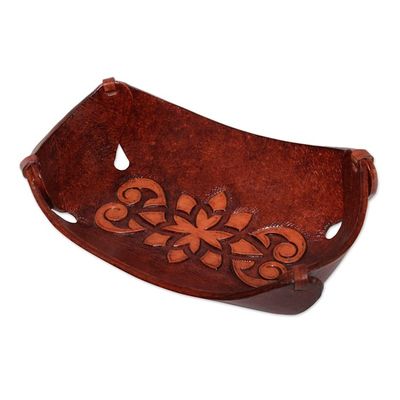 Alternate image for Leather Catchall in Honey Brown Artisan Crafted in Peru Floral Star
