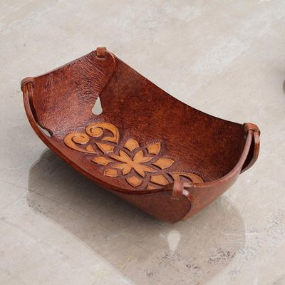Alternate image for Leather Catchall in Honey Brown Artisan Crafted in Peru Floral Star