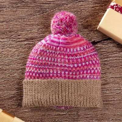 Alternate image for Patterned Knit Alpaca Blend Hat with Pompom in Pink Brown Pretty in Pink