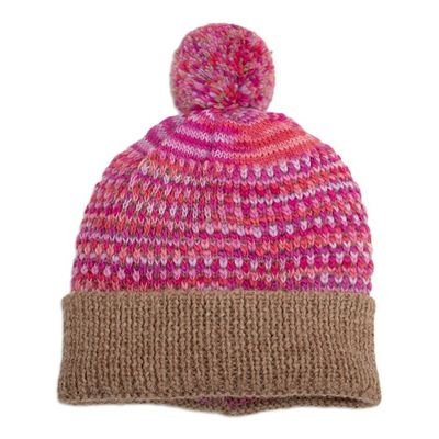Alternate image for Patterned Knit Alpaca Blend Hat with Pompom in Pink Brown Pretty in Pink