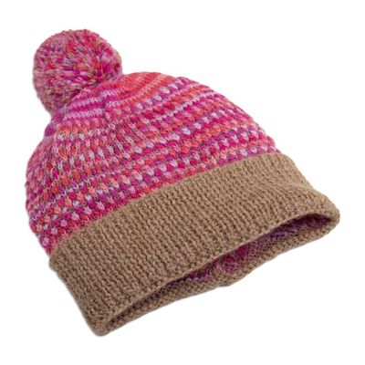 Alternate image for Patterned Knit Alpaca Blend Hat with Pompom in Pink Brown Pretty in Pink