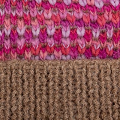 Alternate image for Patterned Knit Alpaca Blend Hat with Pompom in Pink Brown Pretty in Pink