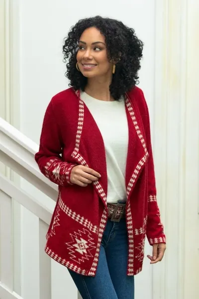 Alternate image for Red Alpaca Wool Cardigan with White Glyph Stars from Peru Glyph Stars