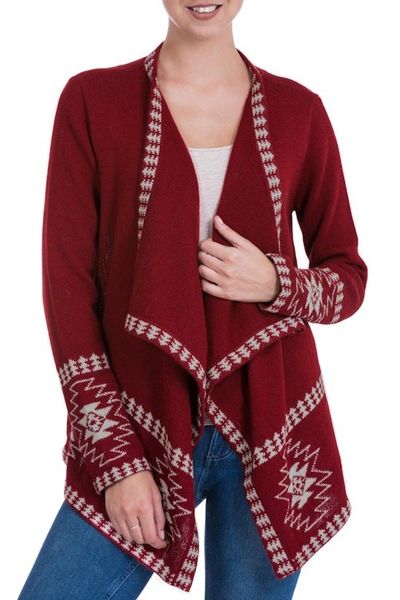 Alternate image for Red Alpaca Wool Cardigan with White Glyph Stars from Peru Glyph Stars