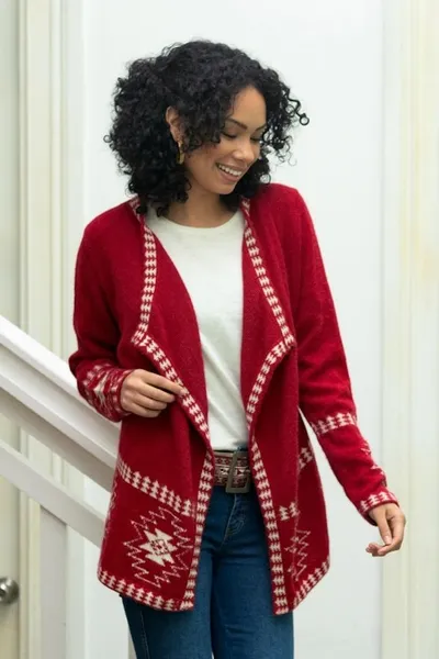 Alternate image for Red Alpaca Wool Cardigan with White Glyph Stars from Peru Glyph Stars