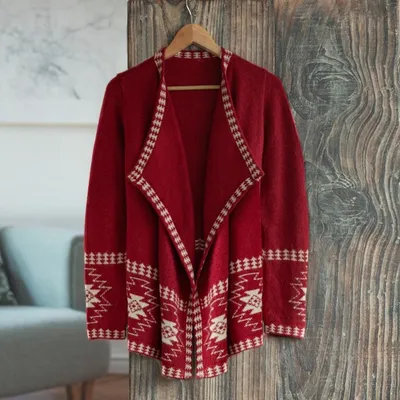 Alternate image for Red Alpaca Wool Cardigan with White Glyph Stars from Peru Glyph Stars