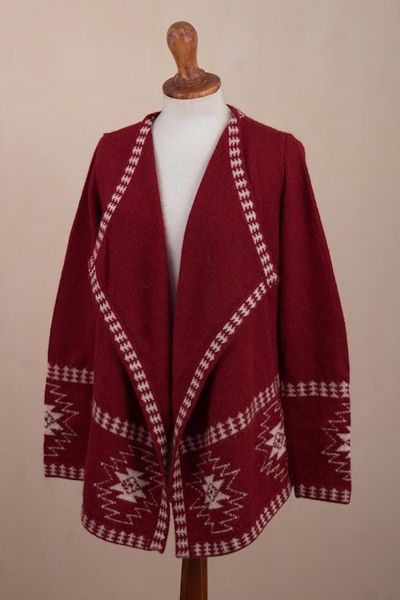 Alternate image for Red Alpaca Wool Cardigan with White Glyph Stars from Peru Glyph Stars