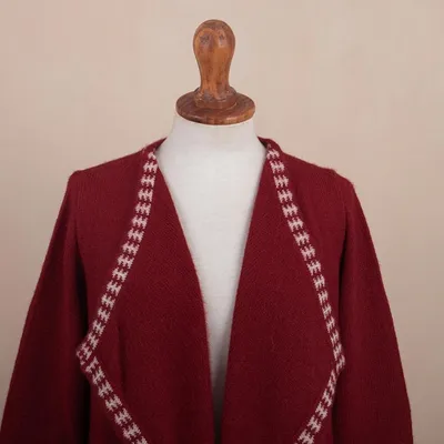 Alternate image for Red Alpaca Wool Cardigan with White Glyph Stars from Peru Glyph Stars