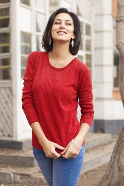 Image for Red Knit Cotton Blend Crew Neck Pullover from Peru Casual Comfort in Red