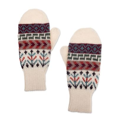 Alternate image for Handloomed Traditional Andean Ivory Alpaca Mittens from Peru Andean Nature