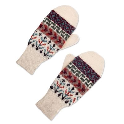Alternate image for Handloomed Traditional Andean Ivory Alpaca Mittens from Peru Andean Nature