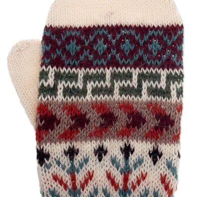 Alternate image for Handloomed Traditional Andean Ivory Alpaca Mittens from Peru Andean Nature