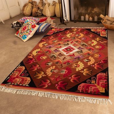 Alternate image for Hand-Woven Wool Bird and Butterfly Themed Area Rug 4x5 Andean Fauna