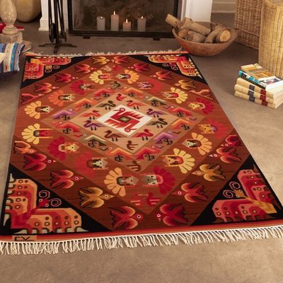 Alternate image for Hand-Woven Wool Bird and Butterfly Themed Area Rug 4x5 Andean Fauna