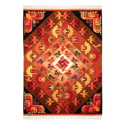 Alternate image for Hand-Woven Wool Bird and Butterfly Themed Area Rug 4x5 Andean Fauna