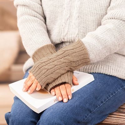 Alternate image for Brown and Camel 100 Alpaca Reversible Fingerless Mittens Chestnut and Camel Glam
