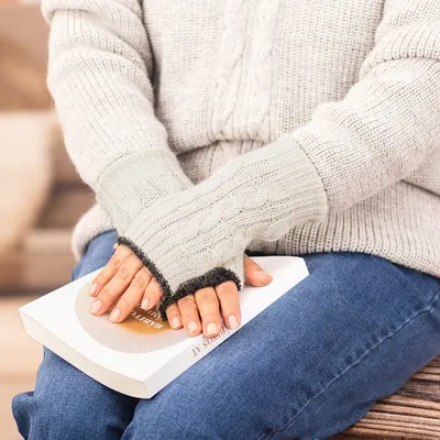 Alternate image for Ivory and Grey 100 Alpaca Reversible Fingerless Mittens Alabaster and Graphite Glam