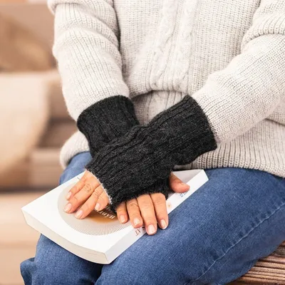 Alternate image for Ivory and Grey 100 Alpaca Reversible Fingerless Mittens Alabaster and Graphite Glam