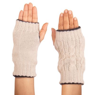 Alternate image for Ivory and Grey 100 Alpaca Reversible Fingerless Mittens Alabaster and Graphite Glam