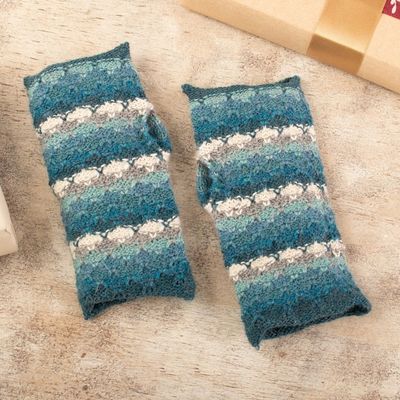 Alternate image for Striped Peacock-Toned 100 Baby Alpaca Fingerless Mitts Peacock Winter