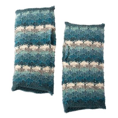Alternate image for Striped Peacock-Toned 100 Baby Alpaca Fingerless Mitts Peacock Winter