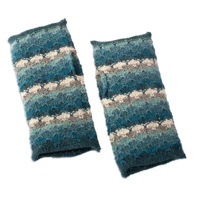 Alternate image for Striped Peacock-Toned 100 Baby Alpaca Fingerless Mitts Peacock Winter