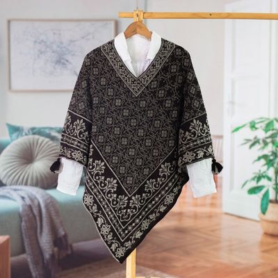 Alternate image for Geometric and Floral 100 Alpaca Poncho in Black and Grey Cuzco Mountains