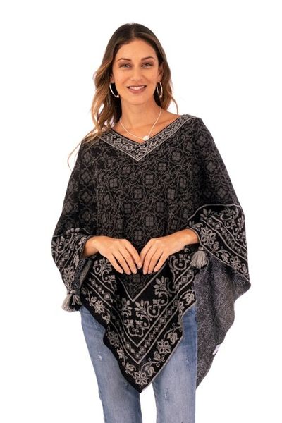 Alternate image for Geometric and Floral 100 Alpaca Poncho in Black and Grey Cuzco Mountains