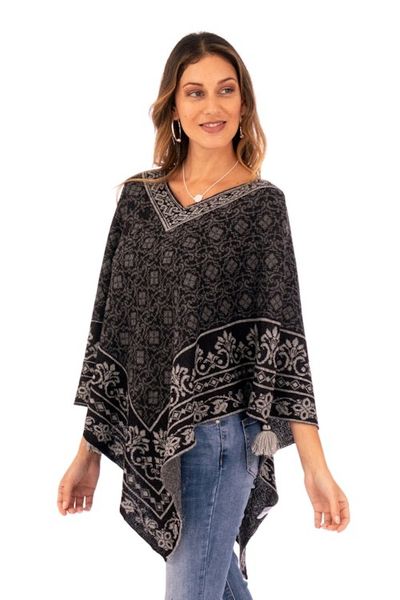 Alternate image for Geometric and Floral 100 Alpaca Poncho in Black and Grey Cuzco Mountains