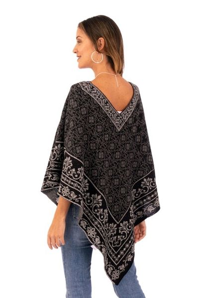 Alternate image for Geometric and Floral 100 Alpaca Poncho in Black and Grey Cuzco Mountains