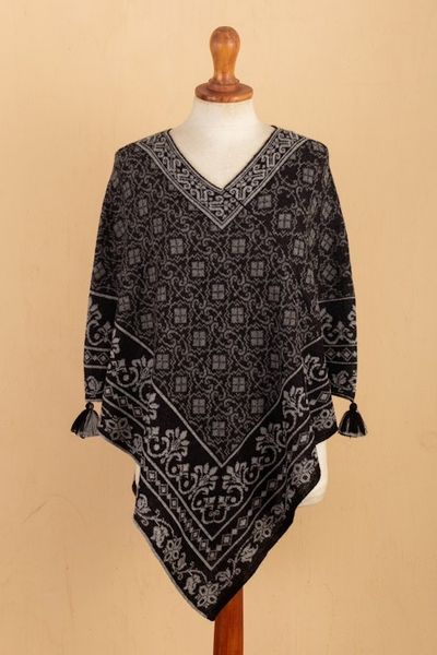 Alternate image for Geometric and Floral 100 Alpaca Poncho in Black and Grey Cuzco Mountains
