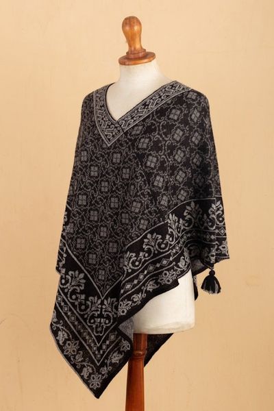 Alternate image for Geometric and Floral 100 Alpaca Poncho in Black and Grey Cuzco Mountains
