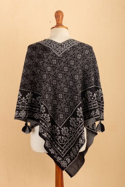 Alternate image for Geometric and Floral 100 Alpaca Poncho in Black and Grey Cuzco Mountains