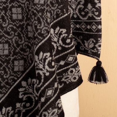 Alternate image for Geometric and Floral 100 Alpaca Poncho in Black and Grey Cuzco Mountains