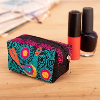 Alternate image for Andean-Themed Turquoise and Fuchsia Embroidered Cosmetic Bag Charmed Feathers