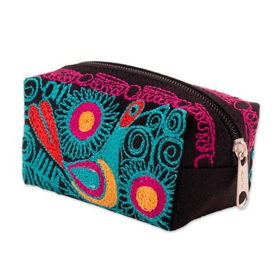 Alternate image for Andean-Themed Turquoise and Fuchsia Embroidered Cosmetic Bag Charmed Feathers