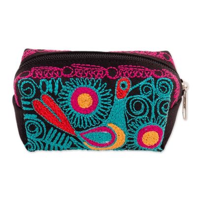Alternate image for Andean-Themed Turquoise and Fuchsia Embroidered Cosmetic Bag Charmed Feathers