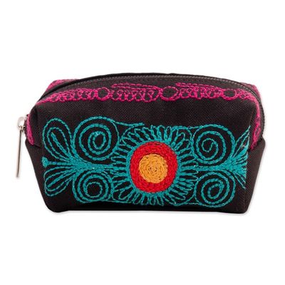 Alternate image for Andean-Themed Turquoise and Fuchsia Embroidered Cosmetic Bag Charmed Feathers