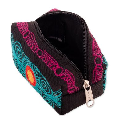 Alternate image for Andean-Themed Turquoise and Fuchsia Embroidered Cosmetic Bag Charmed Feathers