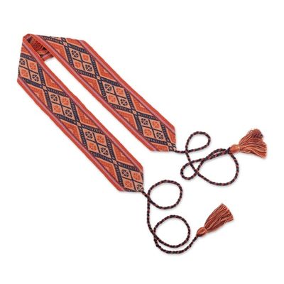 Alternate image for Handwoven Patterned Red and Orange Cotton Belt with Tassels Kallpa