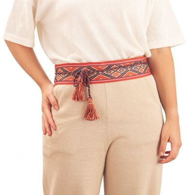 Alternate image for Handwoven Patterned Red and Orange Cotton Belt with Tassels Kallpa