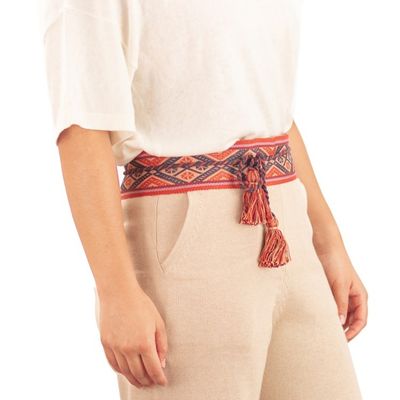 Alternate image for Handwoven Patterned Red and Orange Cotton Belt with Tassels Kallpa