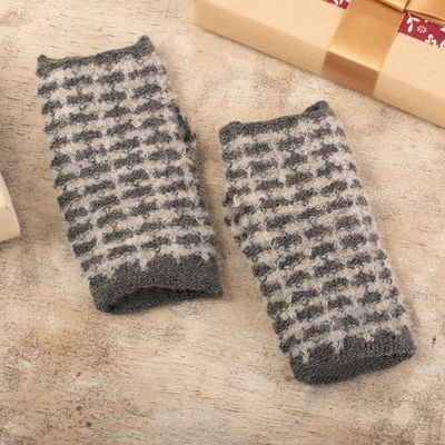 Alternate image for Square-Patterned Grey-Toned Alpaca Blend Fingerless Mitts Misty Squares