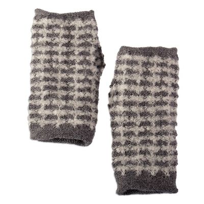 Alternate image for Square-Patterned Grey-Toned Alpaca Blend Fingerless Mitts Misty Squares