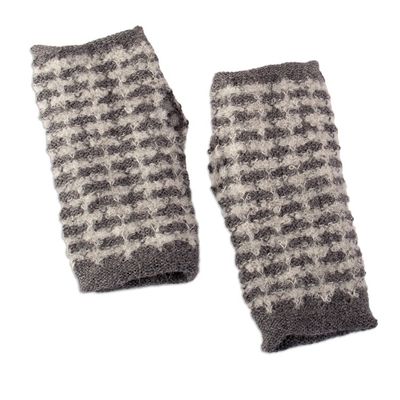 Alternate image for Square-Patterned Grey-Toned Alpaca Blend Fingerless Mitts Misty Squares