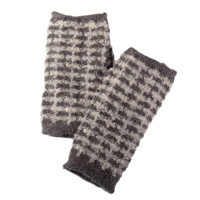 Alternate image for Square-Patterned Grey-Toned Alpaca Blend Fingerless Mitts Misty Squares