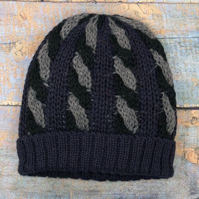 Alternate image for Cable Knit Alpaca Blend Hat in Navy and Grey Hues Braided Grey