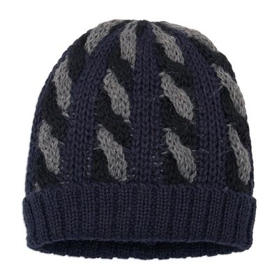 Alternate image for Cable Knit Alpaca Blend Hat in Navy and Grey Hues Braided Grey